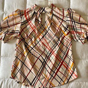 NY&C Plaid Puff-Sleeve Mock-Neck Top (L)